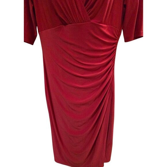 Ralph Lauren Red Ruched V-Neck Dress classic academia office wear elegant - Picture 3 of 5